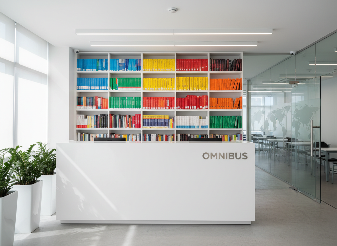 A bright reception area of a professional language school, featuring a minimalist white reception desk with the word “OMNIBUS” embossed in brushed metal on the front panel. Behind the desk, a wall of neatly arranged, colorful language textbooks and exam preparation guides adds visual structure. A glass door with frosted world map outlines opens to a corridor of classrooms. Cool, even overhead lighting combines with soft natural light from a side window, creating a calm, trustworthy atmosphere. Photographic realism, shot from a slightly elevated angle, with balanced composition emphasizing clarity, cleanliness, and a modern academic environment.