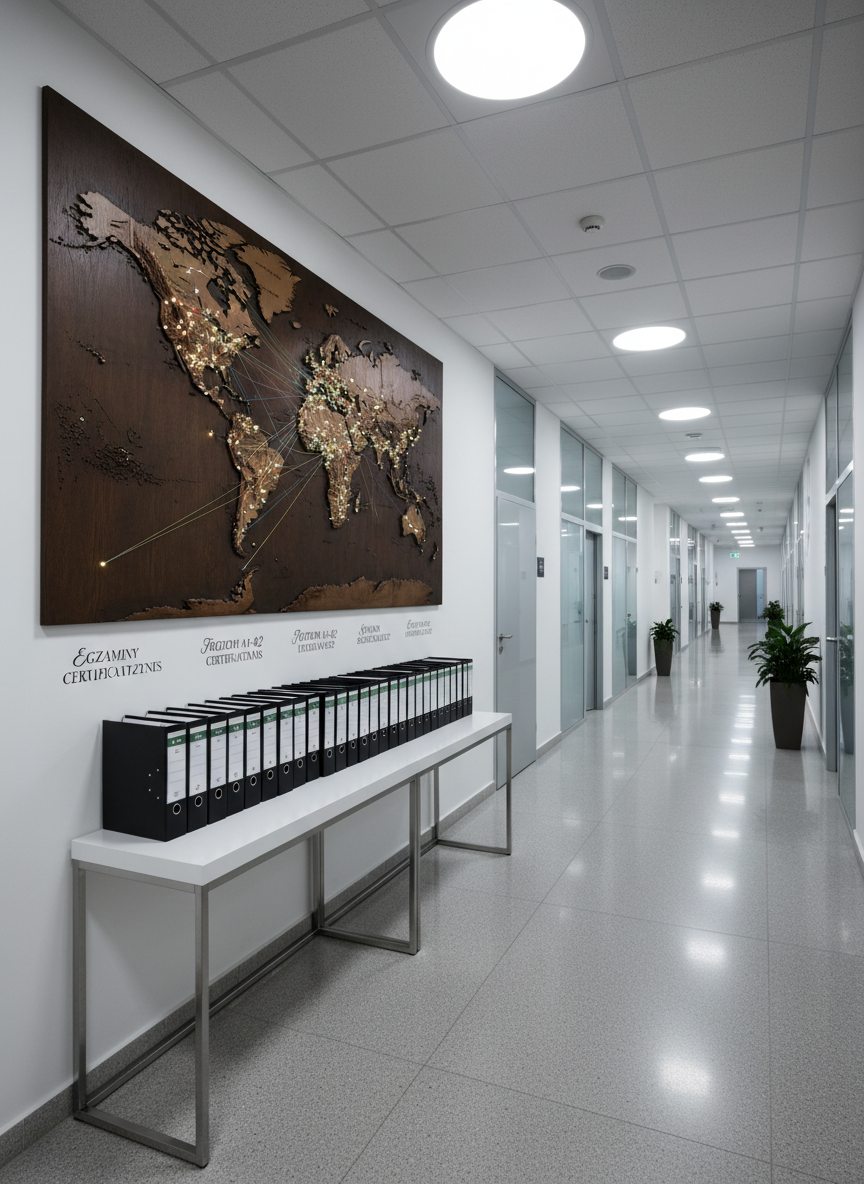 A photographic realism image of a large wall-mounted world map in a language school hallway, with major cities connected by thin, colored strings representing different language programs. Below the map, a sleek white console table holds organized binders labeled with exam types and course levels in Polish and English. The hallway floor is polished light stone, reflecting gentle overhead recessed lighting that casts soft, even illumination without harsh shadows. Shot at eye level with a slight diagonal perspective, leading lines draw the eye down the corridor, hinting at multiple classrooms. The mood is aspirational and globally oriented, perfectly suited to a professional language education environment.