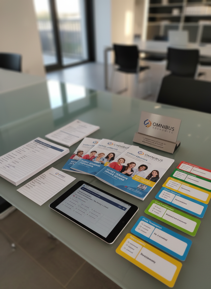 A detailed, photographic realism shot of a polished glass table displaying a curated selection of language learning materials specifically for OMNIBUS Sosnowiec: glossy brochures in Polish describing courses, neatly arranged exam registration forms, color-coded grammar reference cards, and a slim tablet showing an interactive language quiz interface. A small, elegant metal stand holds a plaque with the school’s logo and contact details. Soft afternoon daylight coming from a nearby window creates gentle reflections on the glass surface and subtle highlights on the printed materials. Shot from a three-quarter overhead angle using shallow depth of field, the background fades into an abstract, softly blurred view of a modern office, conveying professionalism and attention to detail.