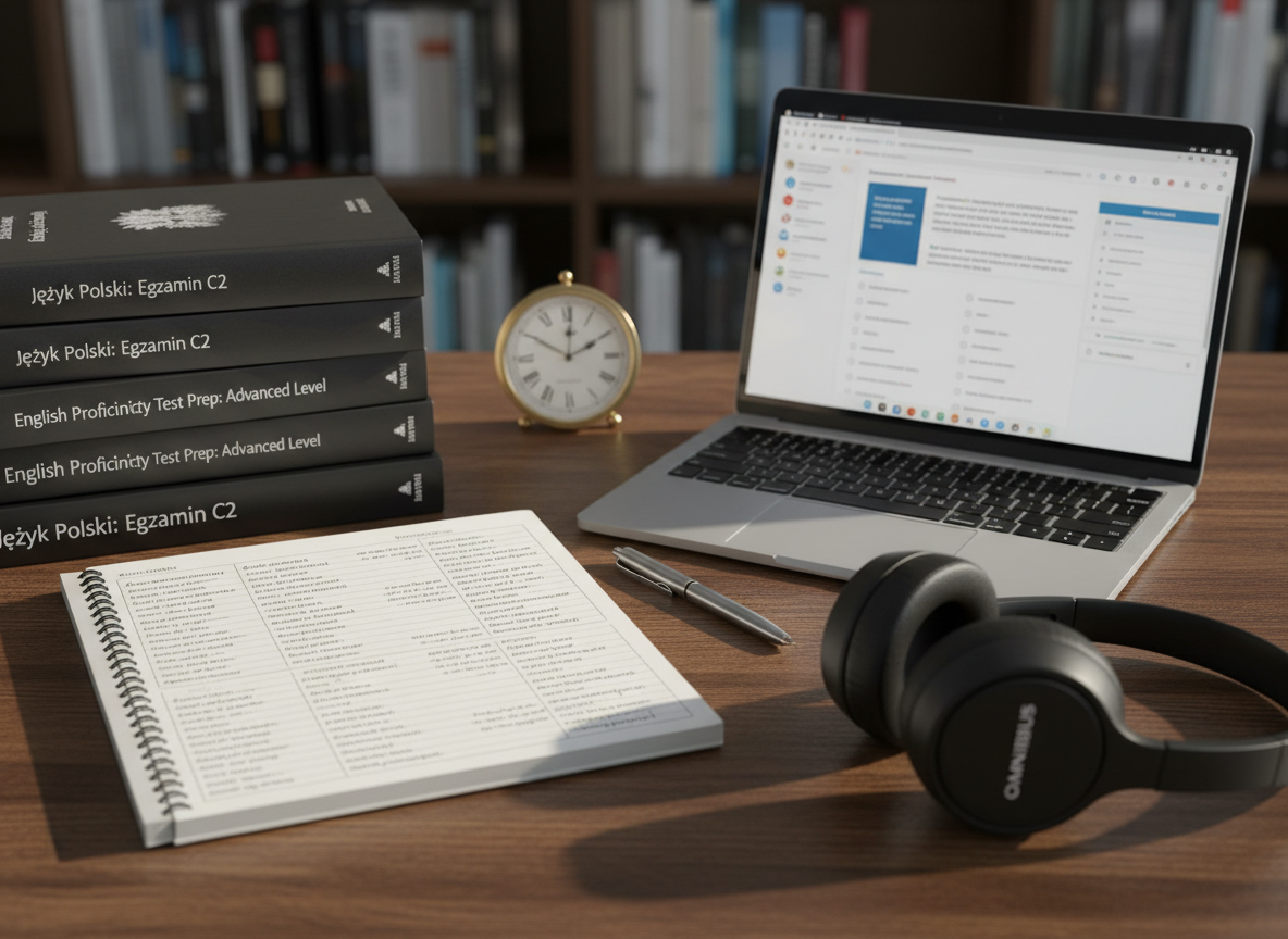 A close-up, photographic realism shot of a tidy study workstation prepared for a language exam course: a dark oak desk with a neatly stacked set of exam preparation books labeled in Polish and English, a high-quality notebook open to meticulously written vocabulary lists, and a slim silver laptop displaying a language learning interface. A small, analog clock shows early afternoon, and a discreet OMNIBUS-branded pen rests beside a pair of over-ear headphones. Soft, directional daylight from the left casts gentle shadows and highlights paper texture and ink details. Shot from a slightly elevated angle with shallow depth of field, background fading into a blurred bookshelf, conveying concentration and professionalism.