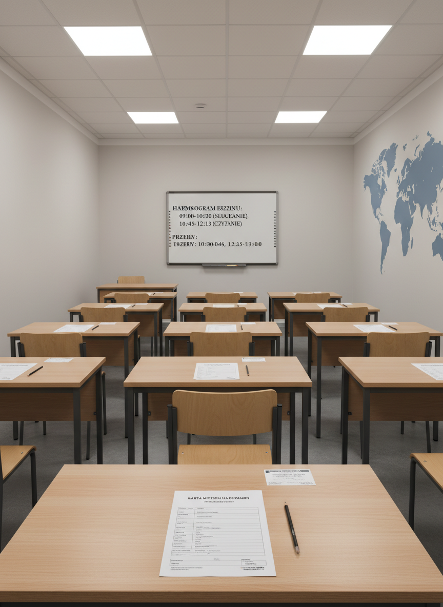 A photographic realism image of a clean exam-style classroom specially prepared for language certifications: individual light-beech desks separated evenly in a grid, each with a single answer sheet, sharpened pencil, and discreetly placed exam admission card titled in Polish. At the front, a large whiteboard shows a clear exam schedule and time blocks. Neutral walls are accented by a subtle world map decal. Overhead daylight-balanced panel lights create uniform, shadow-free illumination, emphasizing clarity and seriousness. Shot from the back of the room at eye level, with sharp focus across the entire space, the atmosphere is calm, organized, and exam-ready, ideal for presenting professional testing conditions.